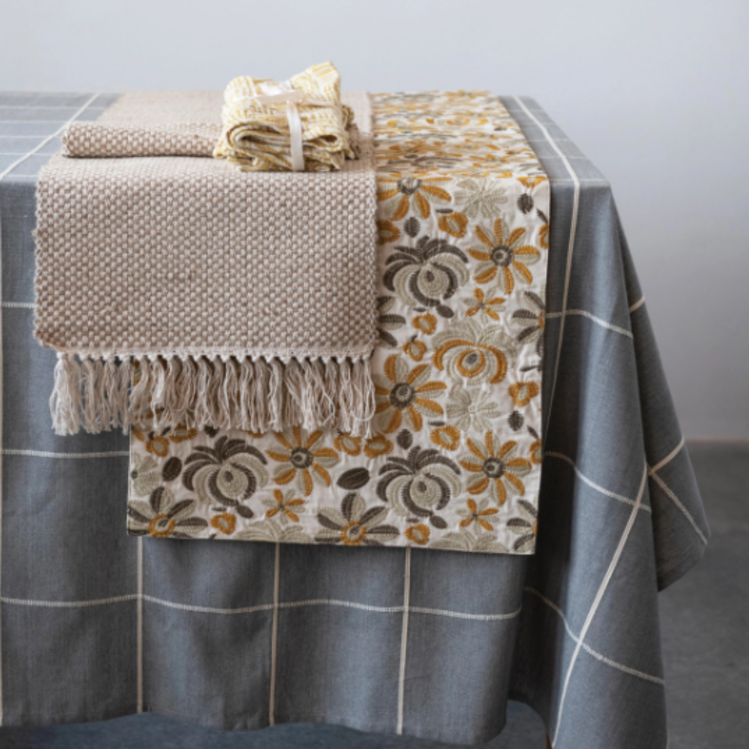 Woven Jute and Cotton Table Runner with Fringe