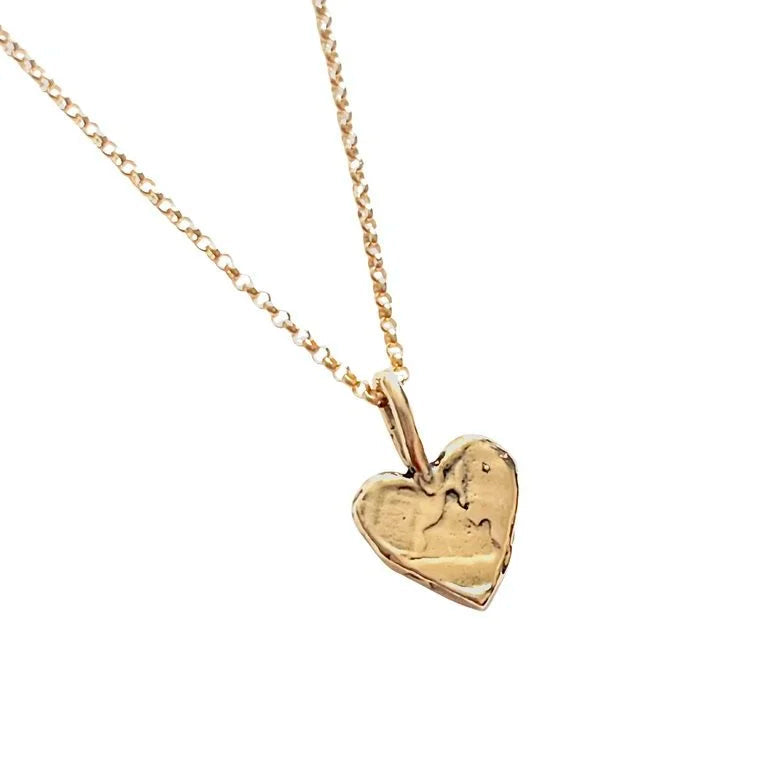 A gold heart pendant necklace with a textured, engraved heart design on a delicate gold chain, shown against a plain white background.