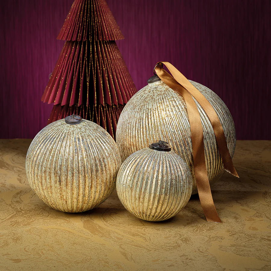 Antique Ribbed Silver Glass Ball Ornament