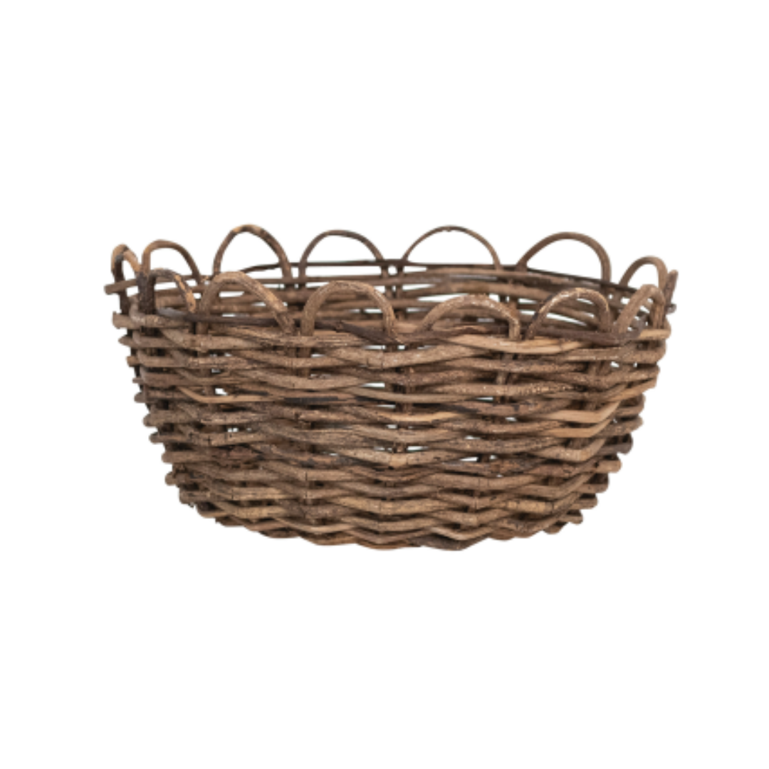 Large Woven Vine Basket with Scalloped Edge
