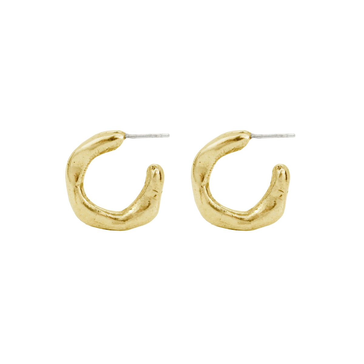 A pair of textured gold huggie hoop earrings with silver post backs, displayed on a clean white background.