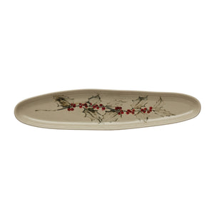 Oval Debossed Stoneware Tray with Holly Reactive Crackle Glaze