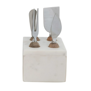 Marble Stand with Cheese Servers with Mango Wood Handles, Set of 5